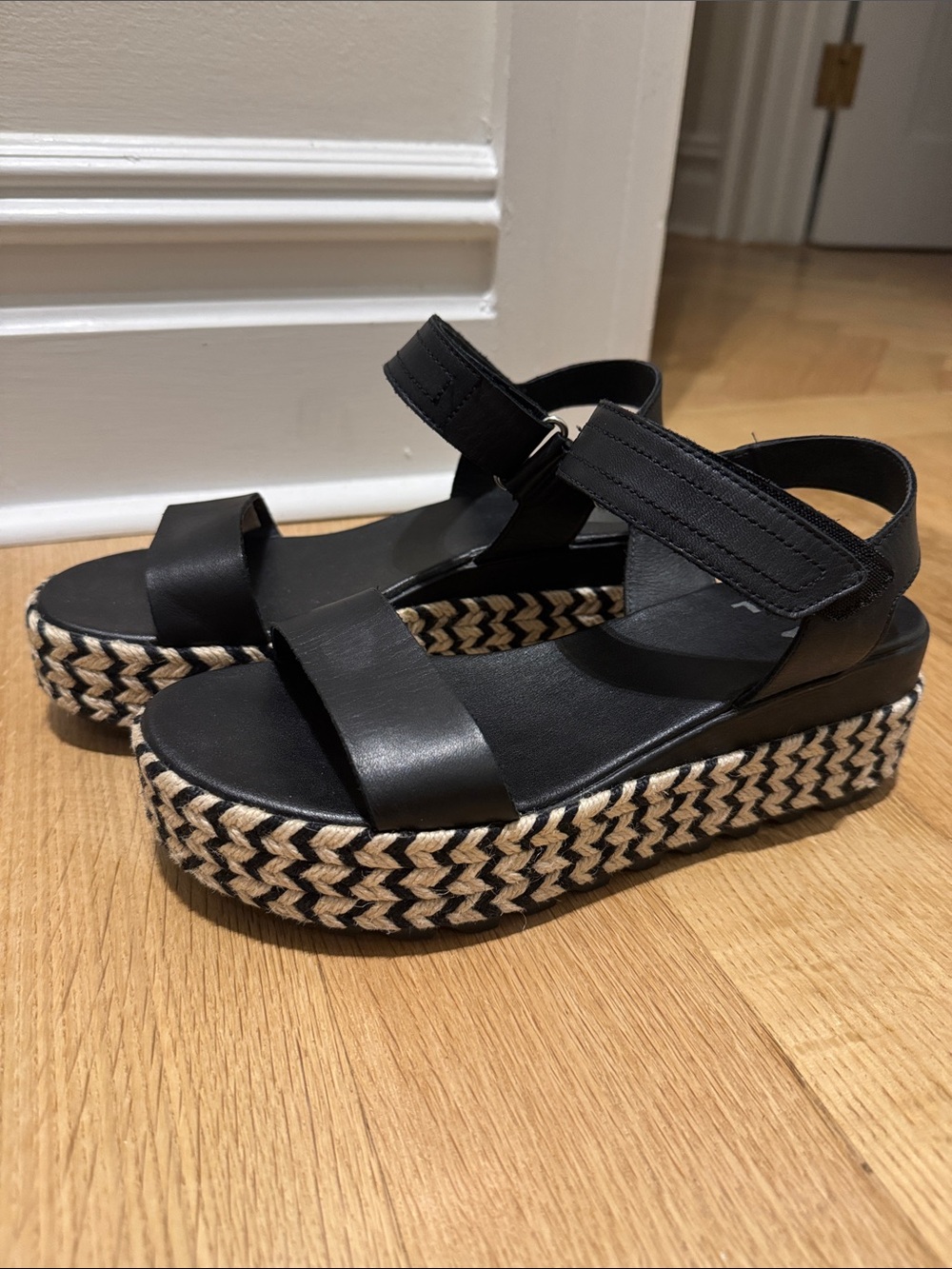 Sorel Black Platform Espadrille Sandals with Braided Trim
